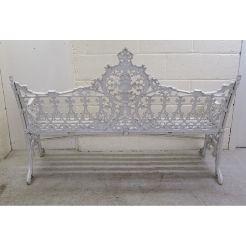 58 - A 19thC white painted, cast iron garden bench, decorated in Gothic taste with uniform quatrefoil and... 