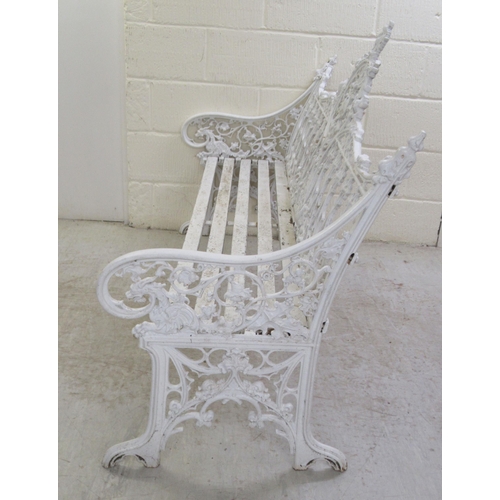 58 - A 19thC white painted, cast iron garden bench, decorated in Gothic taste with uniform quatrefoil and... 