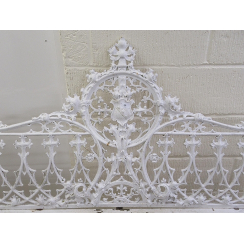 58 - A 19thC white painted, cast iron garden bench, decorated in Gothic taste with uniform quatrefoil and... 