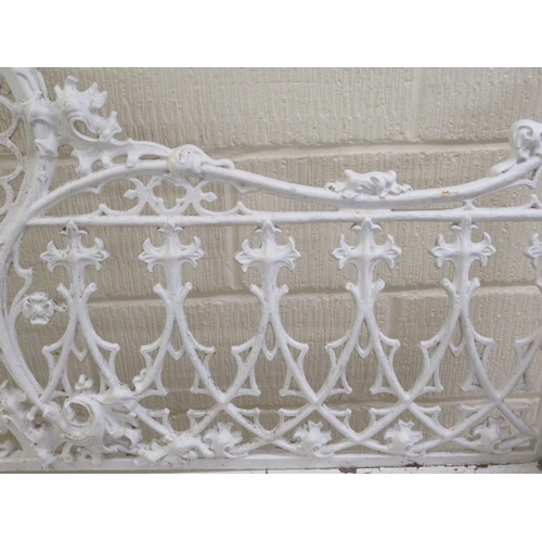 58 - A 19thC white painted, cast iron garden bench, decorated in Gothic taste with uniform quatrefoil and... 