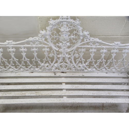 58 - A 19thC white painted, cast iron garden bench, decorated in Gothic taste with uniform quatrefoil and... 