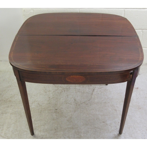 60 - An early 19thC mahogany and crossbanded satinwood D-shape tea table, the rotating foldover top raise... 