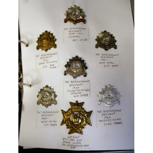 84 - An album collection of fully identified British military badges, some copies, comprising Bedfordshir... 