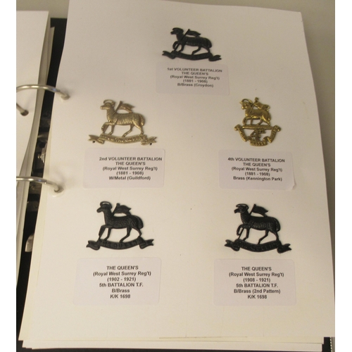 94 - An album collection of fully identified British military badges, some copies, comprising Surrey regi... 