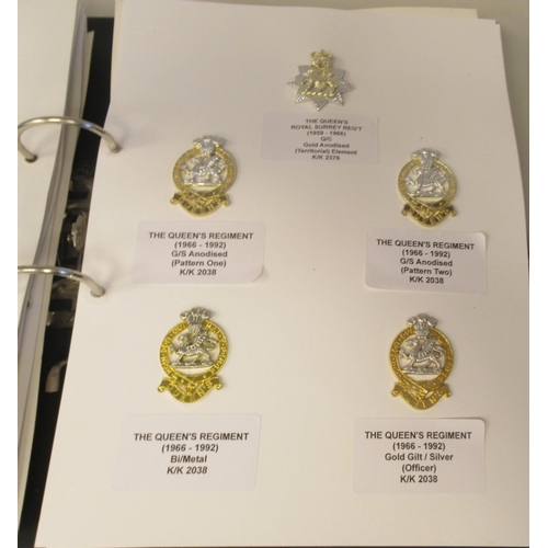 94 - An album collection of fully identified British military badges, some copies, comprising Surrey regi... 