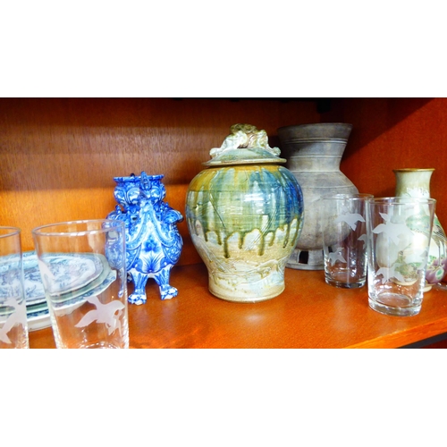 111 - Mainly 20thC Studio and other decorative ceramics and glassware: to include a streaky, drip glazed p... 