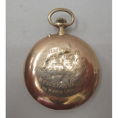 118 - A 9ct gold cased pocket watch, faced by an Arabic dial with subsidiary seconds