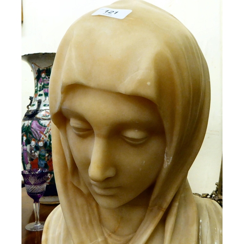 121 - A 19thC carved alabaster bust, a young woman wearing a veil  16.5