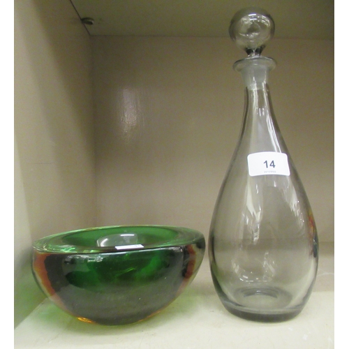 14 - Glassware: to include a Whitefriars teardrop design decanter and stopper  11.5