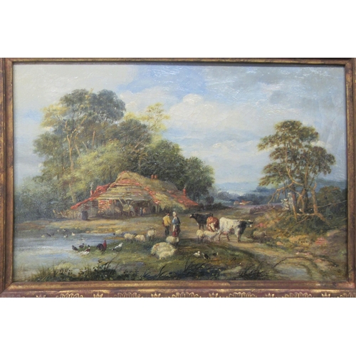 174 - 19thC British School - figures in a rural landscape with sheep and cattle by a pond  oil on can... 