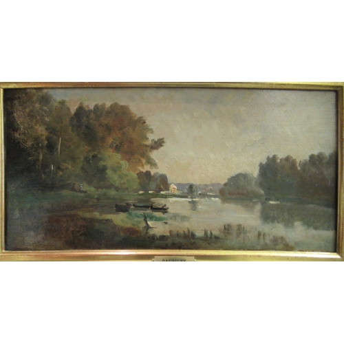 193 - KP Daubigny - a river scene  oil on panel  bears a signature, a frame label & inscribed verso  7... 