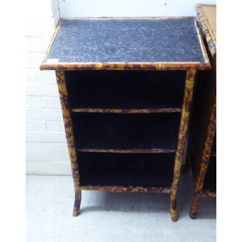 206 - A late 19thC bamboo framed and foliate embossed, panelled, two tier open front bookcase  36