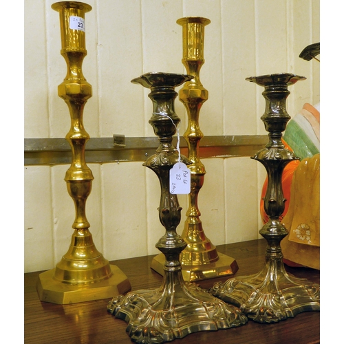 23 - A pair of 20thC lacquered brass candlesticks  22