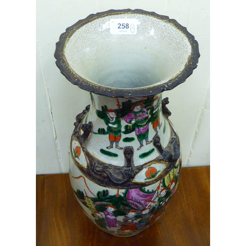 258 - An early 20thC Japanese crackle glazed porcelain vase, traditionally decorated with a battle scene&n... 