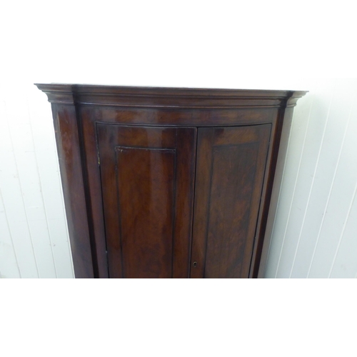 260 - A George III mahogany hanging quadrant corner cabinet with a moulded cornice, over a pair of panelle... 