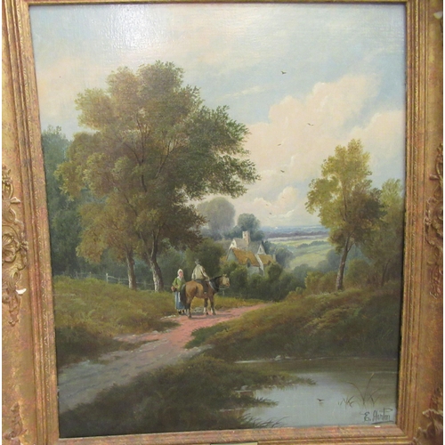 169 - E Horton - two figures on a pathway in a village landscape  oil on canvas  bears a signatu... 