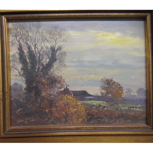 175 - Six framed pictures: to include Edward Stamp - three semi-rural Buckinghamshire landscapes  oil on b... 