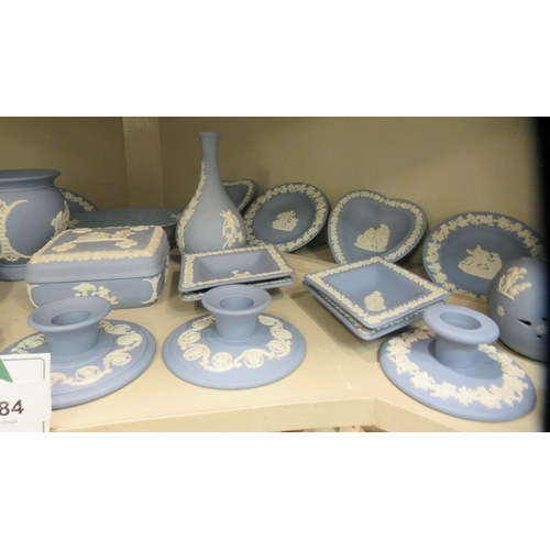 284 - Wedgwood powder blue Jasperware collectable: to include heart shaped pin dishes, vases and commemora... 