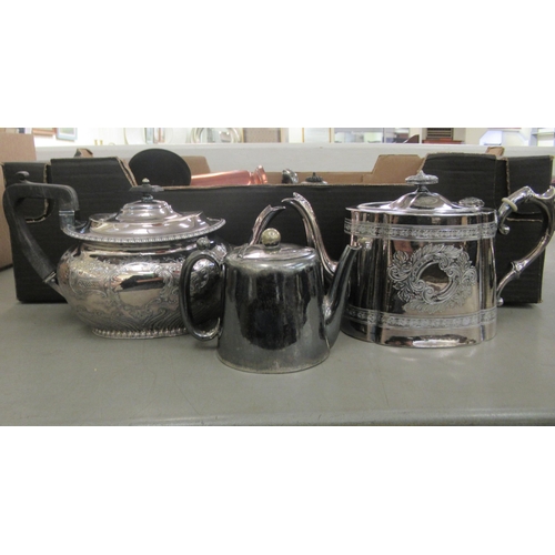 289 - Metalware: to include a late Victorian silver plated teapot with engraved decoration