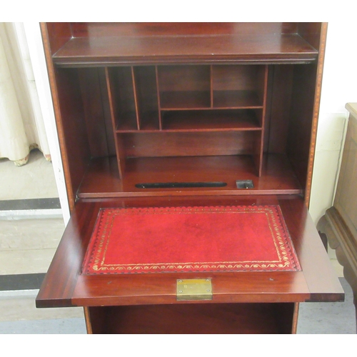 44 - An Edwardian string and ebony inlaid students bureau with a fall flap, over two open shelves, raised... 