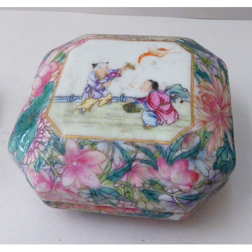 11 - Chinese collectables: to include a late 19thC Canton porcelain box and cover, decorated with figures... 