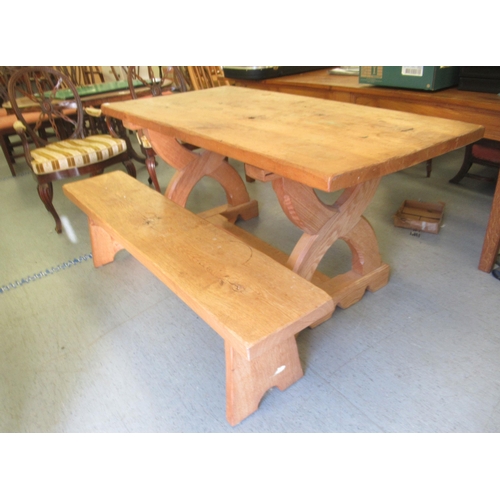 287 - A modern rustic oak kitchen refectory table, the one piece top raised on a splayed crossover underfr... 