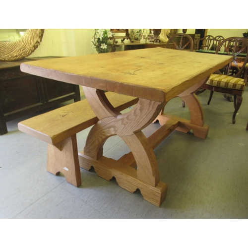 287 - A modern rustic oak kitchen refectory table, the one piece top raised on a splayed crossover underfr... 