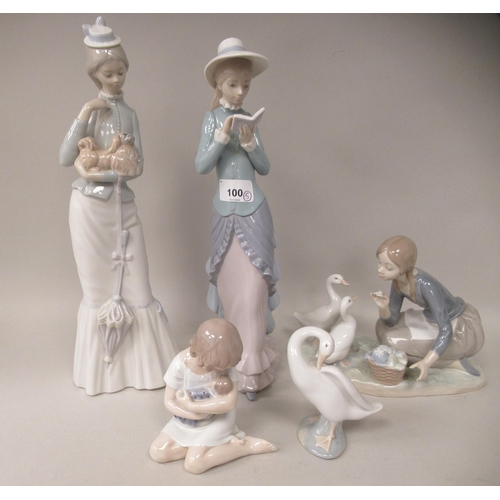 100 - Four Lladro porcelain figures; and another by Royal Copenhagen, a little girl holding a doll  4