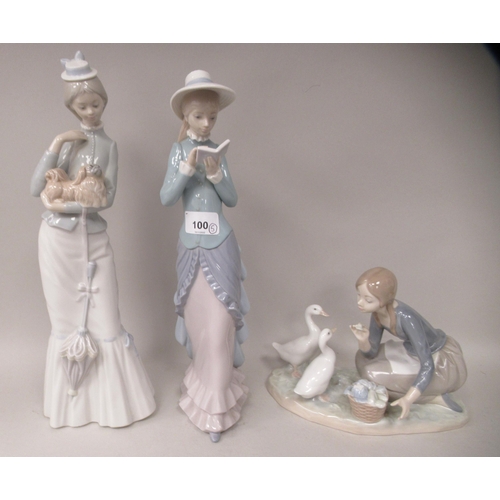 100 - Four Lladro porcelain figures; and another by Royal Copenhagen, a little girl holding a doll  4