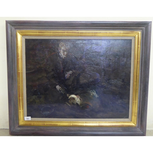 101 - In the manner of Víctor Kabakov - 'The Wounded Friend'  oil on board  bears a Roy Miles Gallery, Lon... 