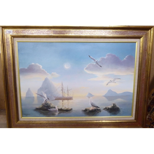 105 - Rosa Branson - seagulls on rocks in a calm sea  oil on canvas  bears a signature & dated 1994  2... 