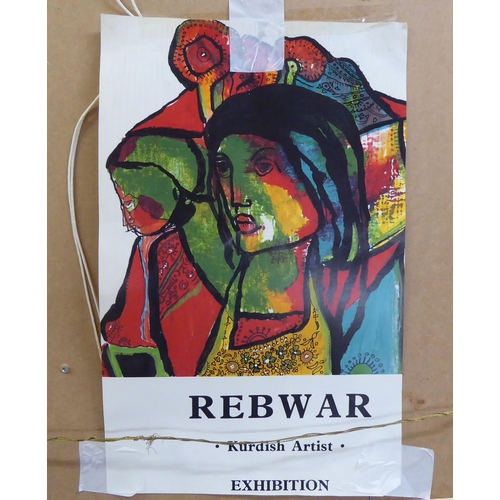 110 - Rebwar - an abstract study, two masks  oil on board  bears an exhibition poster verso  13