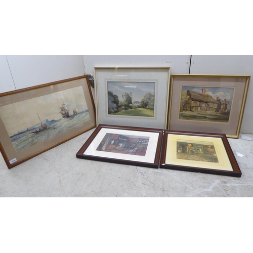 113 - Five 19thC and later watercolours: to include interior scenes and a seascape, some bearing signature... 