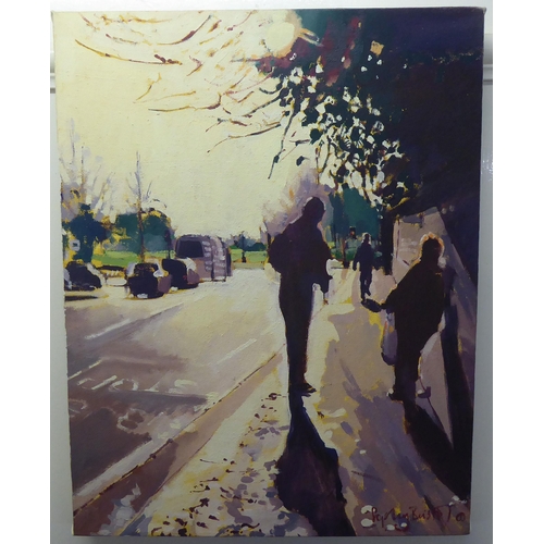 118 - Sophy Bristol - 'Bus Stop, Clapham'  oil on canvas  bears a signature with a Panter & ... 