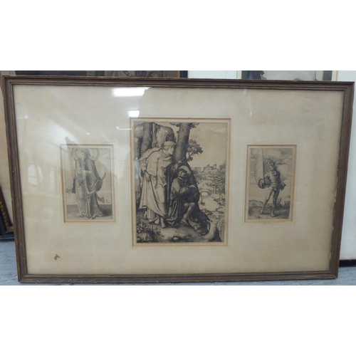 12 - Four framed prints: to include after Lucas Van Leyden - a series of three figure studies  monochrome... 