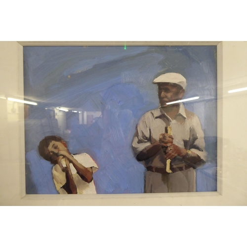 126 - In the manner of Didem Unlu - a father and son playing musical instruments  oil on board  bear a sig... 