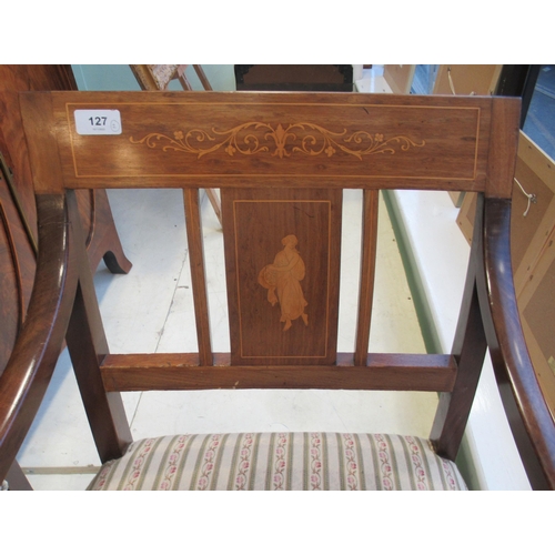 127 - A pair of Edwardian string inlaid and marquetry mahogany framed open arm chairs, the later floral pa... 