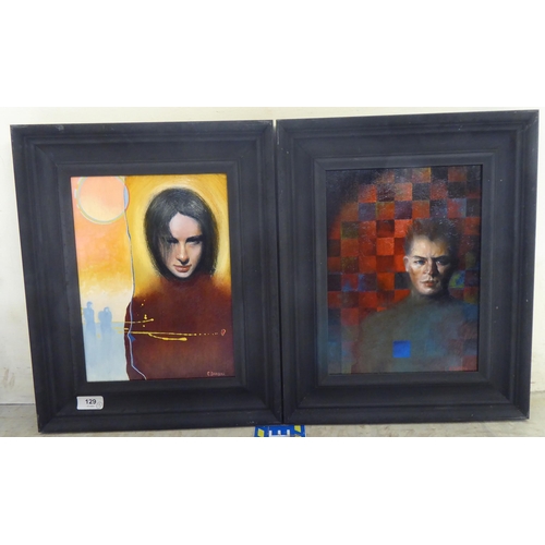 129 - Colin Dunbar - two portraits with abstract design backgrounds  oil on canvas  bearing sign... 