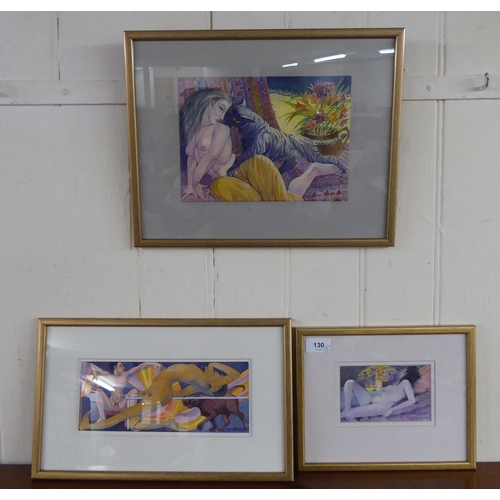 130 - Three framed works by James Gorman - a nude, a fantasy and abstract study  bearing signatures  mixed... 