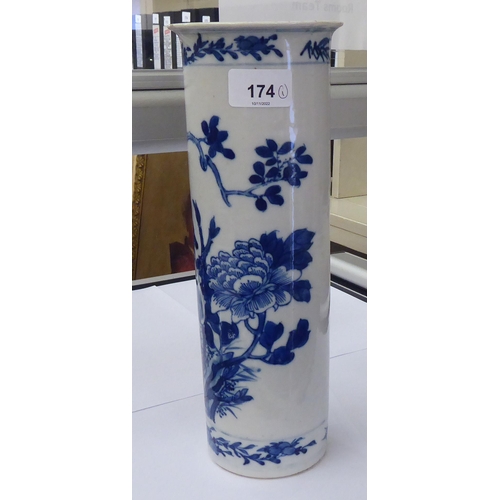 174 - A late 19thC Chinese porcelain vase of tall, cylindrical form with a flared lip, traditionally decor... 