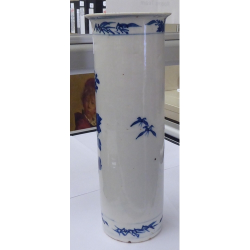 174 - A late 19thC Chinese porcelain vase of tall, cylindrical form with a flared lip, traditionally decor... 