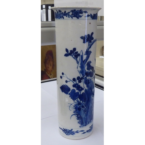 174 - A late 19thC Chinese porcelain vase of tall, cylindrical form with a flared lip, traditionally decor... 