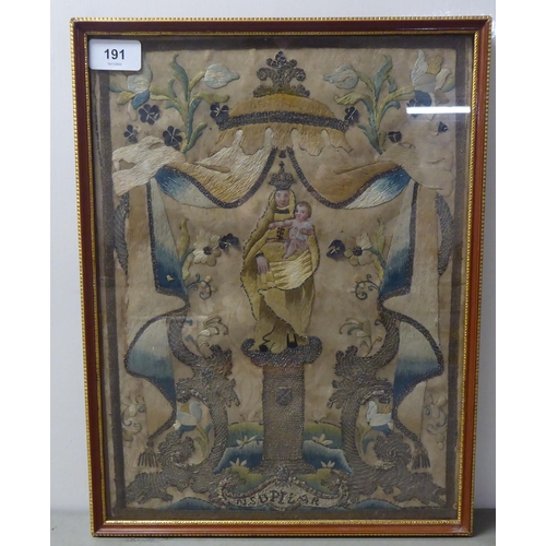 191 - An early 19thC coloured silk and white metal thread embroidered picture, featuring The Virgin & ... 