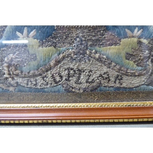 191 - An early 19thC coloured silk and white metal thread embroidered picture, featuring The Virgin & ... 