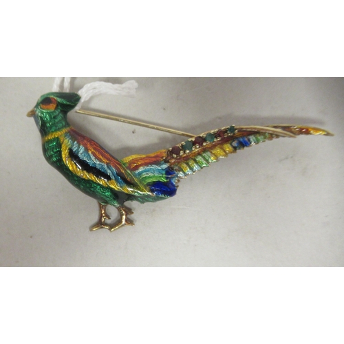 209 - A gold coloured metal, enamel and coloured stone set pheasant brooch  stamped 14k