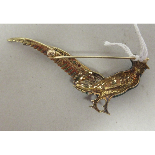 209 - A gold coloured metal, enamel and coloured stone set pheasant brooch  stamped 14k