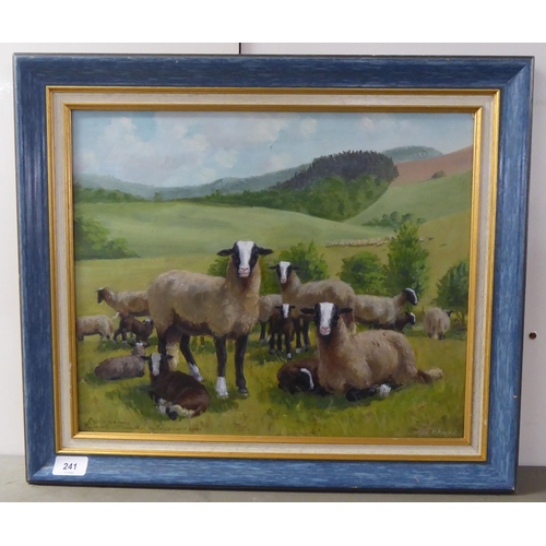 241 - P Rachet - ewes and lambs in a field  oil on board  bears a signature & dated 1984&nbs... 