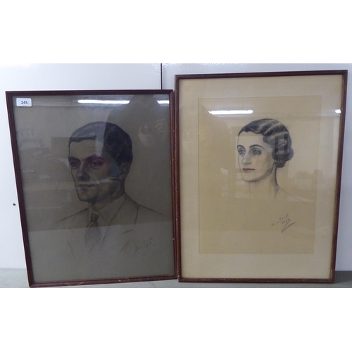 245 - Two 1930s portraits, a man and a woman  pastel  bearing indistinct signatures  17