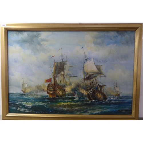 246 - S Harvey - a galleon battle on rough seas  oil on board  bears a signature  23