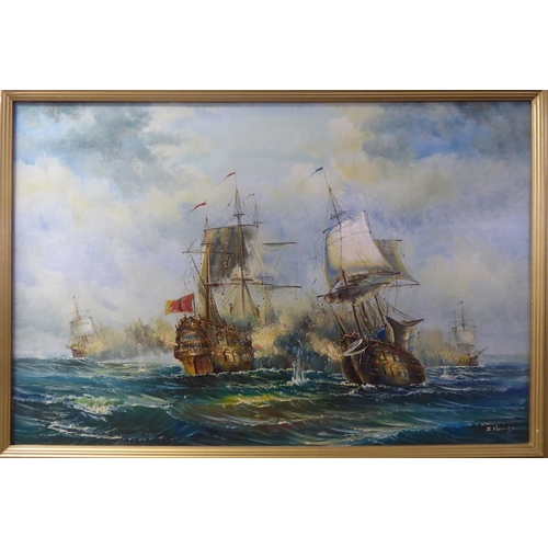 246 - S Harvey - a galleon battle on rough seas  oil on board  bears a signature  23